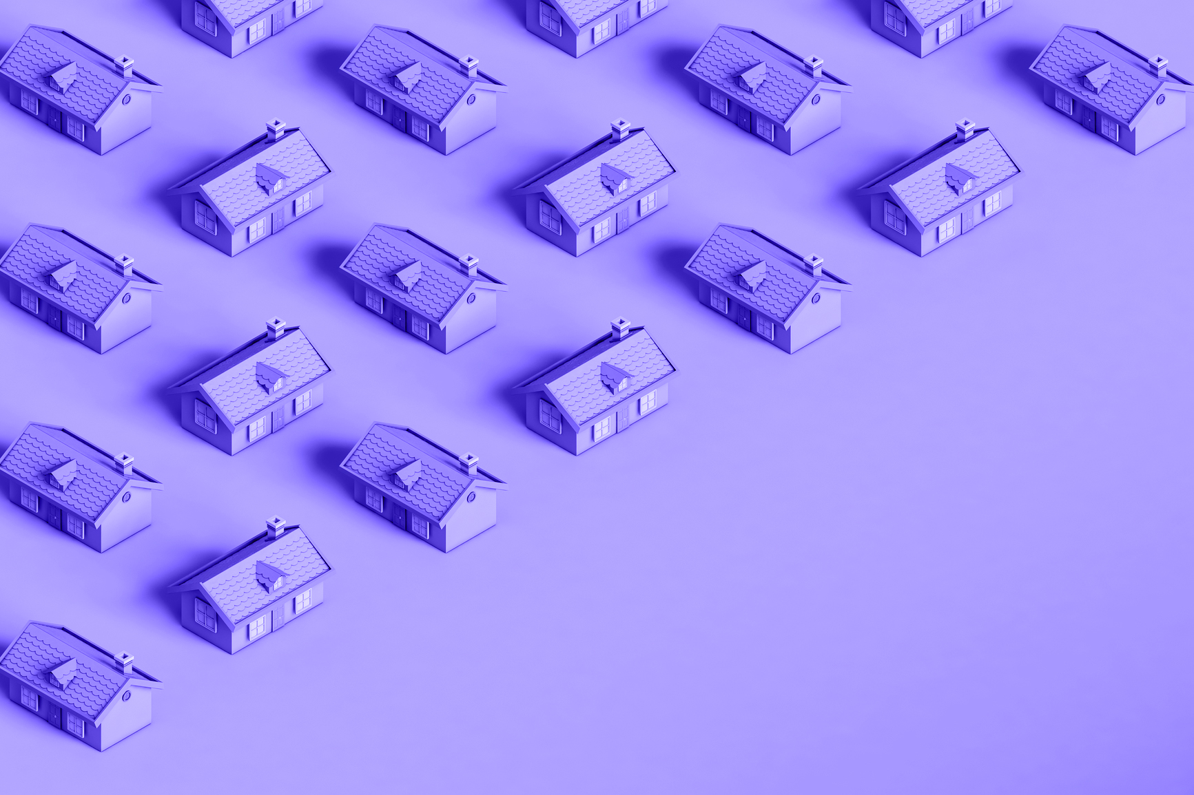 Ein Muster aus kleinen, identischen, violett getönten Modellhäusern, die in diagonalen Reihen auf einem flachen, violetten Hintergrund angeordnet sind, spiegelt die für die Immobilienentwicklung von Immo Konrad typische sorgfältige Planung wider.
